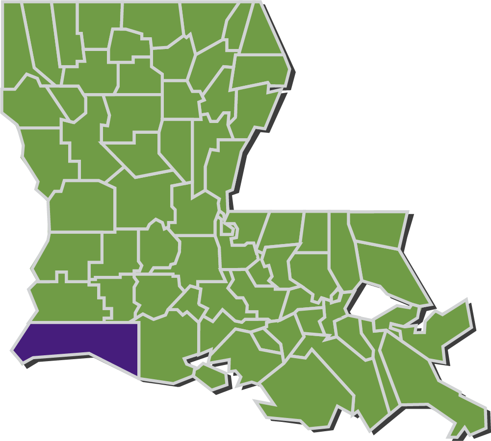 Map of Louisiana parishes with Cameron parish highlighted in purple.